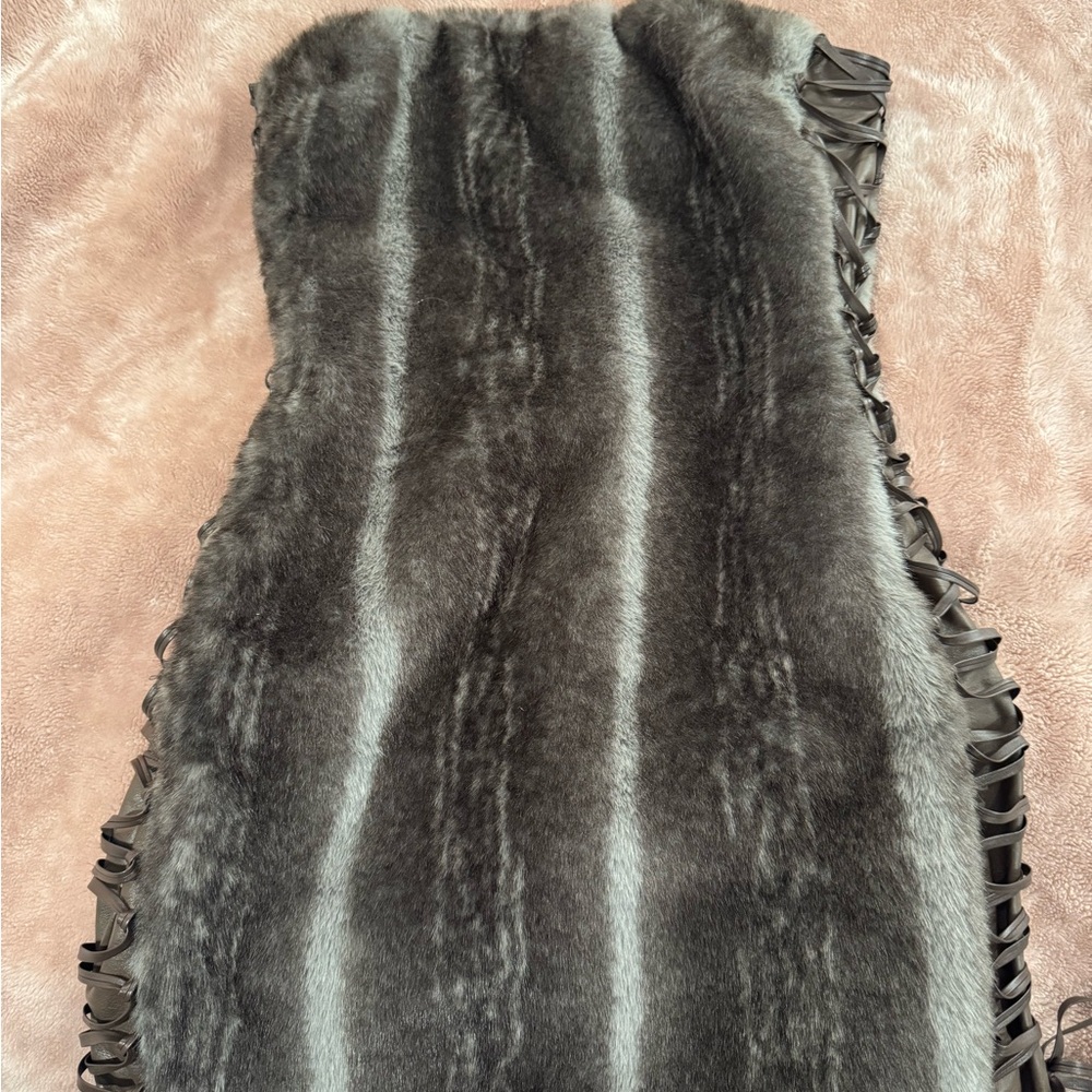 Gray Fur Mini Dress with Leather tie Details